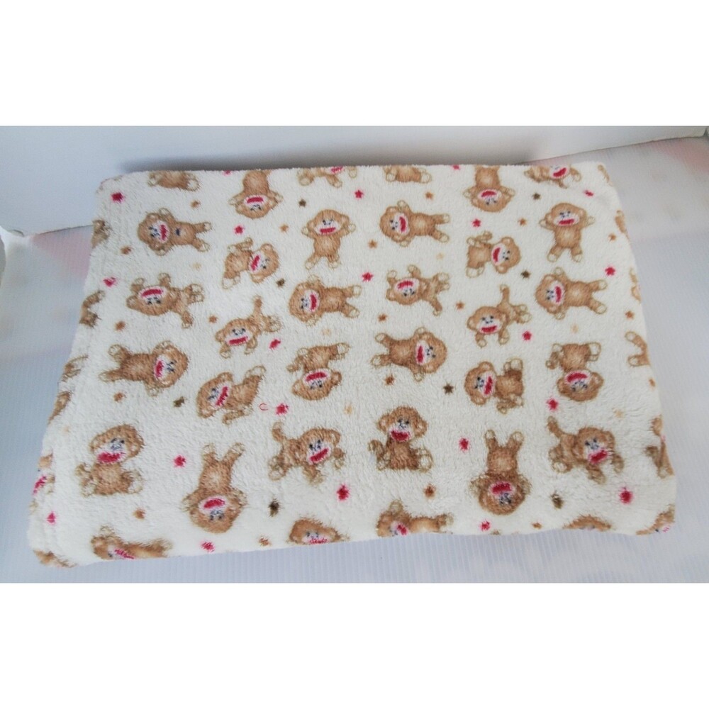 Baby Starters Sock Monkey White Plush Fleece Cuddly Blanket 30" X 40" Red Stars